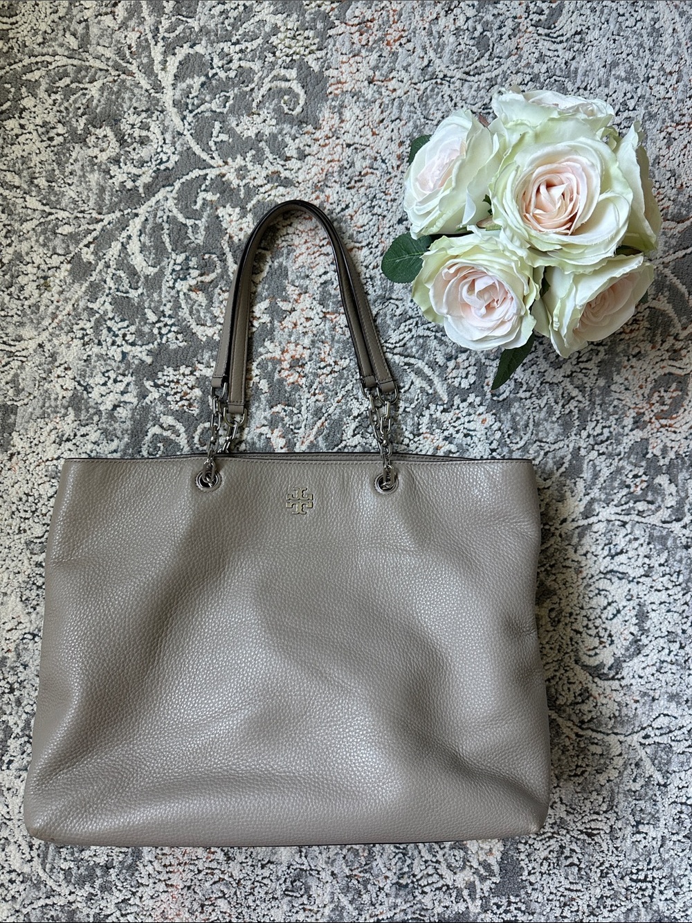 Tory Burch Pebbled Leather Tote in Taupe Gray